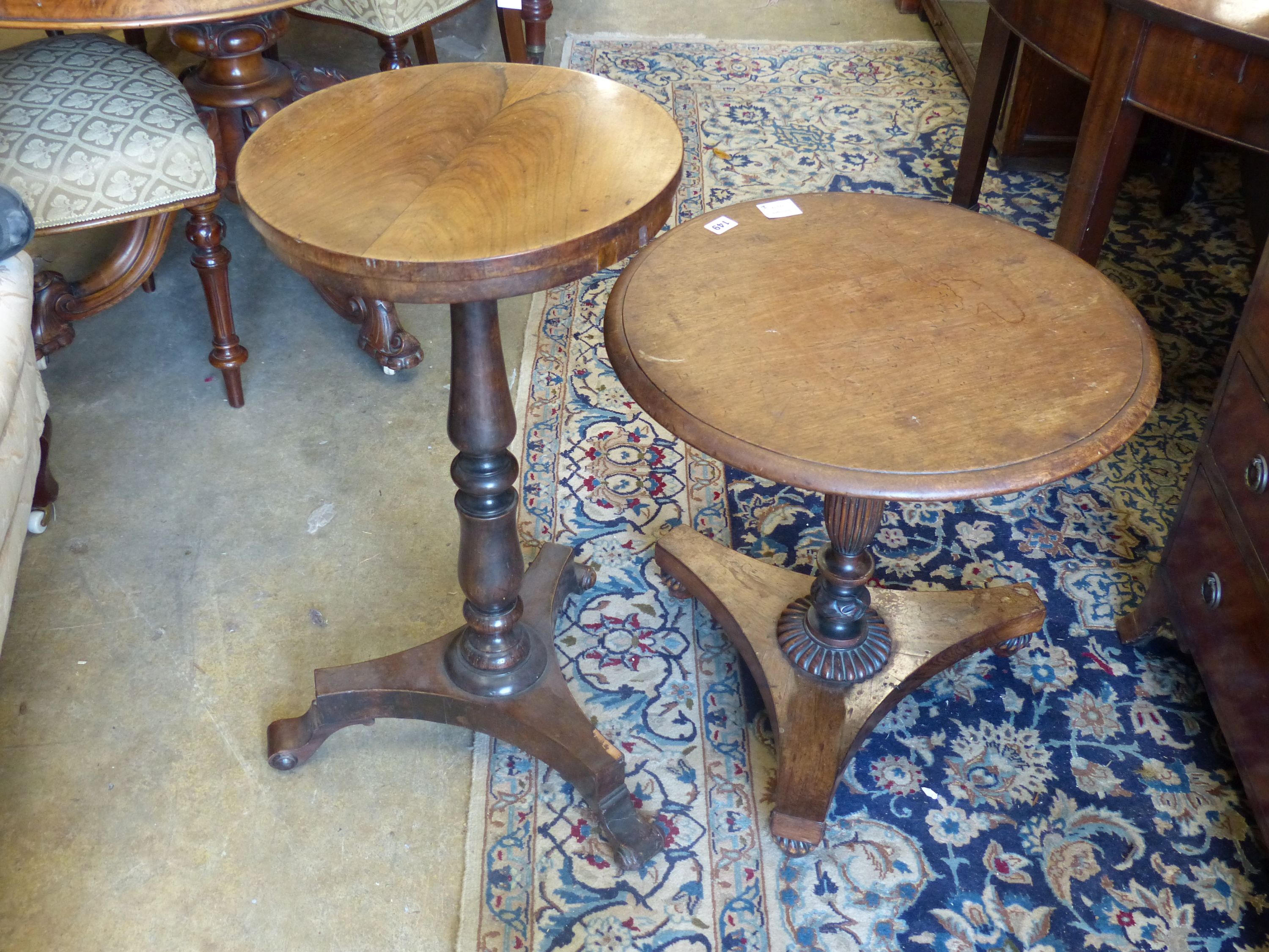 A William IV rosewood circular occasional table and another similar, larger 53cm diameter, height 54cm